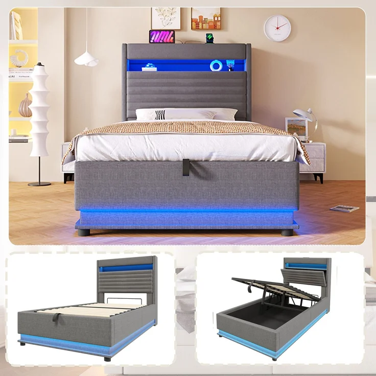 Polsterbett mit LED-Streifen, Stauraum, Schrank, USB und Type-C, 90x200 cm, gepolsterter Kopfteil mit Schrank, Einzelbett, Stauraumbett, Leinen – Bild 3