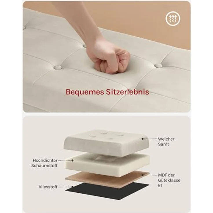WOLTU Sitzhocker mit Stauraum Sitzbank faltbar Truhen Aufbewahrungsbox, Deckel abnehmbar, Gepolsterte Sitzfläche aus Samt, 110 x 37,5 x 38 cm, Cremeweiß, SH73cm – Bild 5