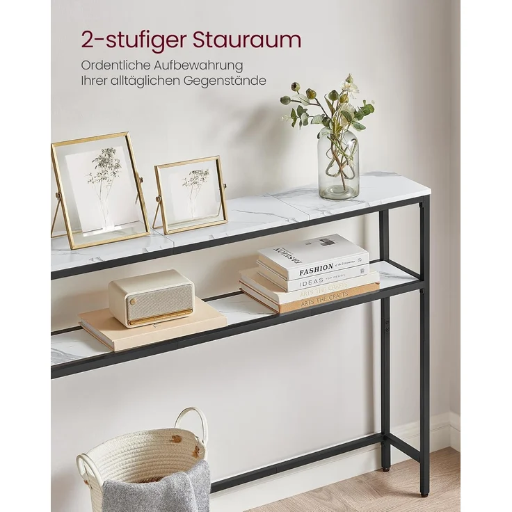 VASAGLE Konsolentisch, schmaler Sofatisch mit 2 Ablagen, 20 x 100 x 80 cm, Flurtisch, 2 Ebenen, für Flur, Wohnzimmer, Schlafzimmer, marmorweiß-tintenschwarz LNT131W59 – Bild 4