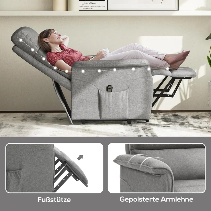 HOMCOM Relaxsessel Sessel mit Aufstehhilfe und Fußstütze (TV-Sessel, 1-St, Fernsehsessel), für Wohnzimmer, Grau – Bild 8