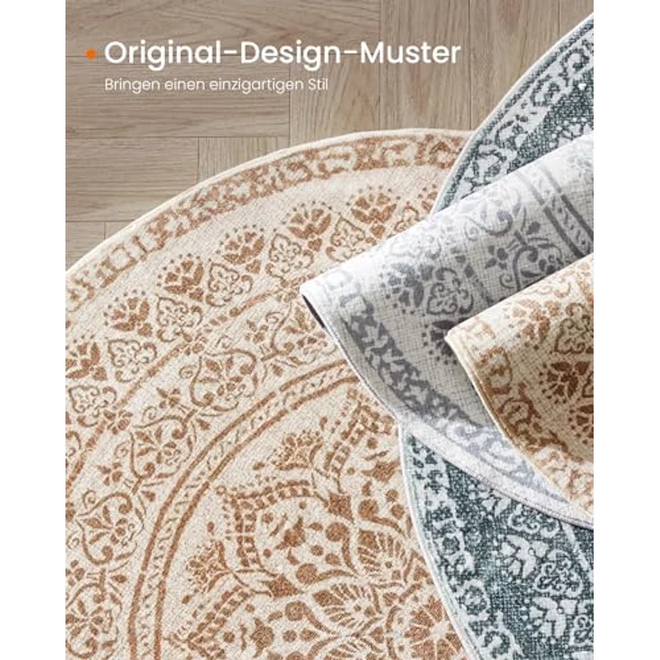 SONGMICS Teppich rund, Outdoor Teppich, Boho, 120 cm d, waschbar, rutschfest, Floral Vintage, für Wohnzimmer, Esszimmer, Schlafzimmer, Optik, Garten, Terrasse, Balkon,cappuccinobeige TAR051K01 – Bild 6