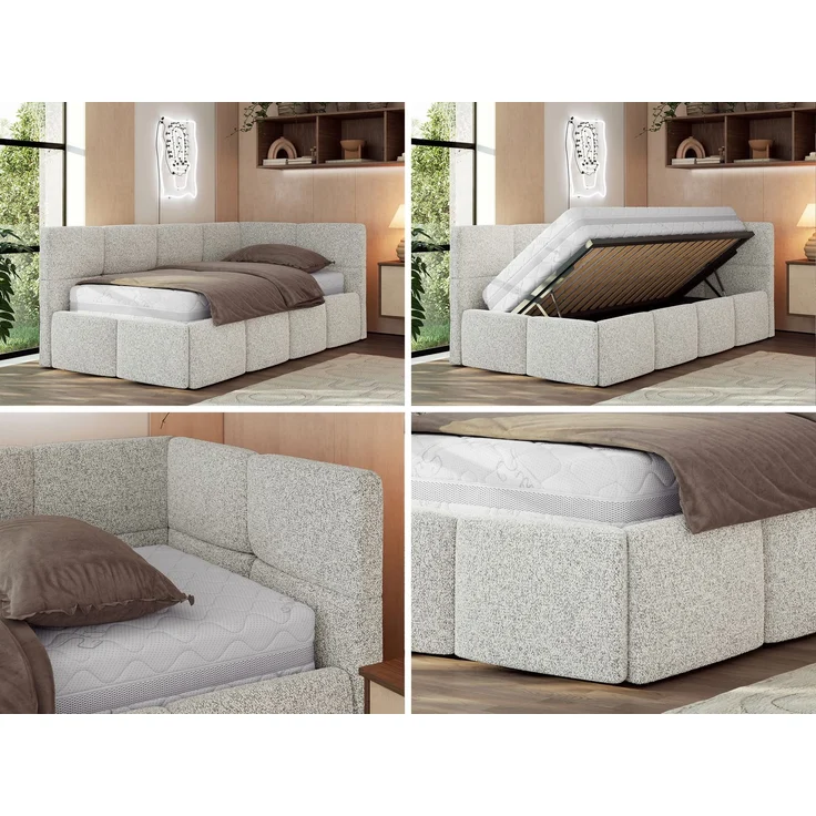 Jugendbett 90x200 ARVO Polsterbett mit Bettkasten, Stauraum & Gasdruckfeder, Modernes Design mit Kopfteil, Multipocket Matratze - Hellgrau Strukture - ELORI LUX - Rechts Seite – Bild 2