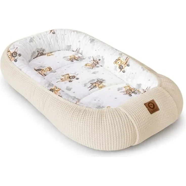 Babynestchen Neugeborene – Nestchen Baby aus Waffel Baumwolle & Baumwollstoff – Babynest für Babybett & Kinderbett – Baby Kokon Tragbar – OEKO-TEX – Zubehör für Babybett - Flugzeuge und Hellbeige – Bild 1