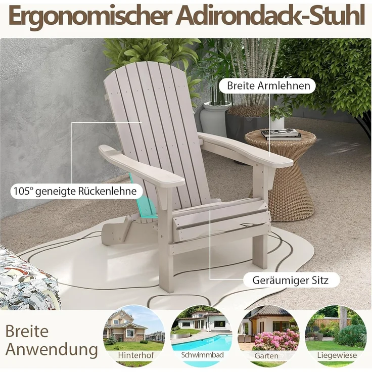 FANTASK 2er Set Adirondack-Stuhl von 51x46 cm, Gartensessel mit hoher Rückenlehne & Breiten Armlehnen, Chair aus Holz für Garten, Grau – Bild 6