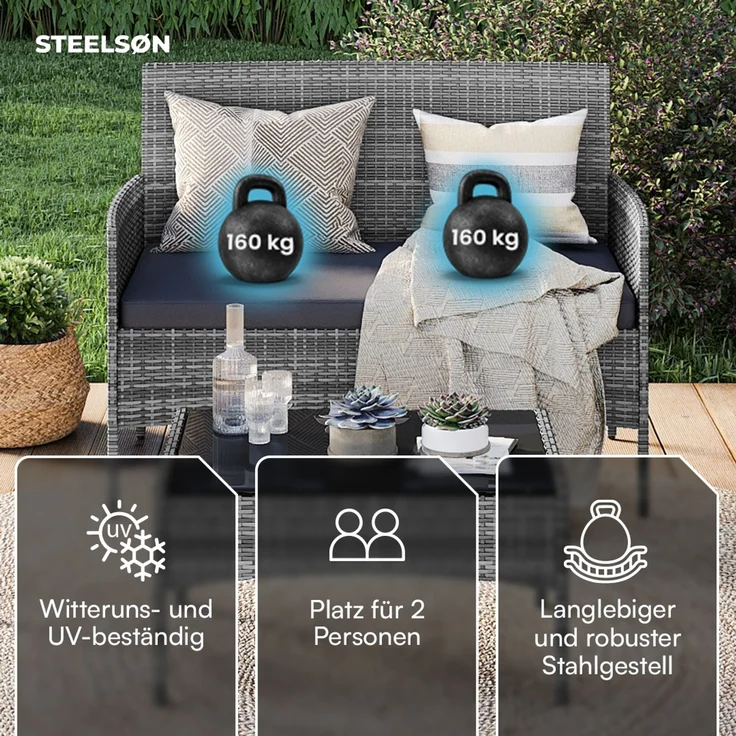 STEELSØN 'Thalora' Gartensofa 2er-Sitzer, inkl. Kissen, grau-meliert/anthrazit, 84x55x100 cm, aus Polyrattan – Bild 3