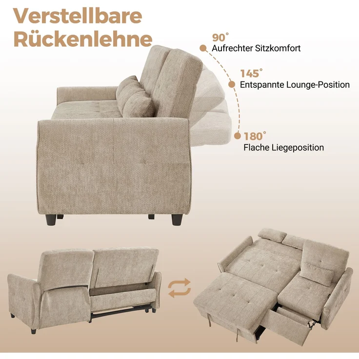 Schlafsofa 3-Sitzer,83 x 176 x 148 cm, Braun, Chenille, ausziehbar mit verstellbarer Rückenlehne – Bild 5