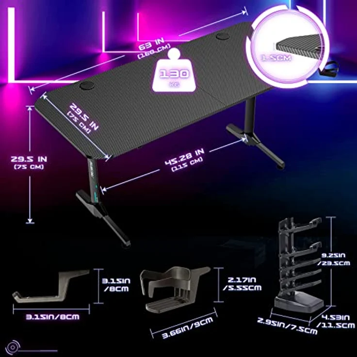 Himimi 160cm Gaming Schreibtisch, 160 x 75 x 75 cm Ergonomischer Trust Gaming Tisch, T-Form PC Gamer Computertisch mit großer pad, Becherhalter, Kopfhörerhaken, Kabelmanagement & Gaming Griffgestell – Bild 4