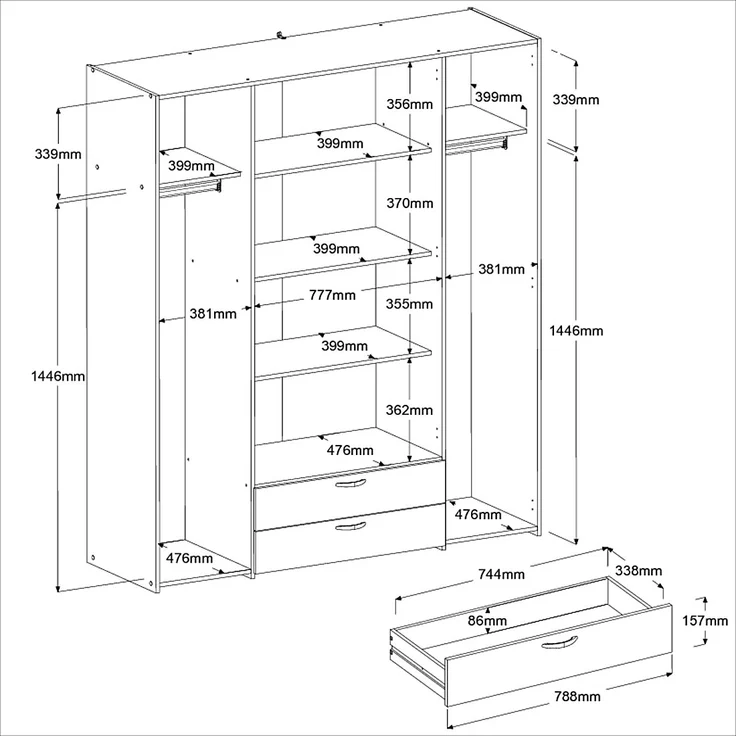 Kleiderschrank >Daily 1< 2 Schubladen, 4 Türen, in Weiss - 160x185x51cm (BxHxT) – Bild 7