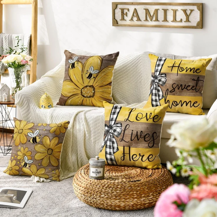 Kissenbezüge 45×45 cm 4er-Set Bee & Sunflower, Streifen/Punkte, Home Sweet Home, Frühling Deko – Bild 2