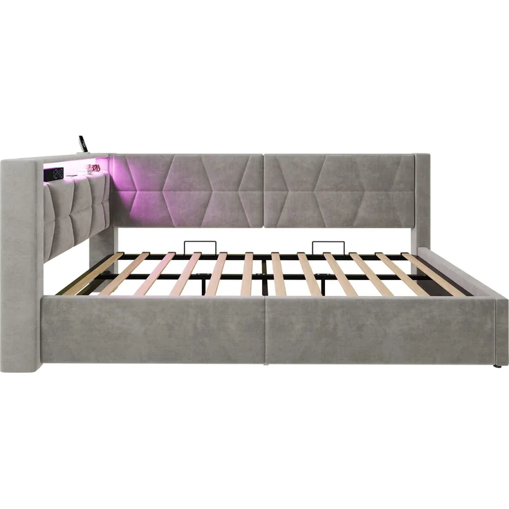 LVHOM Einzelbett 90x200 cm mit Stauraum, Polsterbett mit LED, USB und Type-C, Jugendbett, Hydraulischem Bettgestell, Samt, Grau – Bild 10