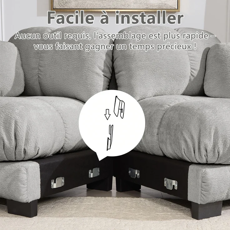 U-förmiges 2-Sitzer-Sofa mit beweglichen Hockerelementen, gesteppter Chenillebezug und dicke Polster, Wohnlandschaft für Wohnzimmer, Hellgrau – Bild 5