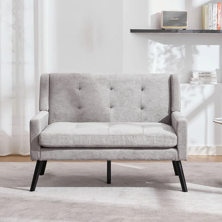 LVHOM 2-Sitzer Sofa aus Leinenstoff mit Knopfsteppung, Loveseat mit hochdichter Schaumstoffpolsterung und Massivholzbeinen, Stoffsofa für Wohnzimmer & Büro, bis 260kg, Hellgrau – Bild 6