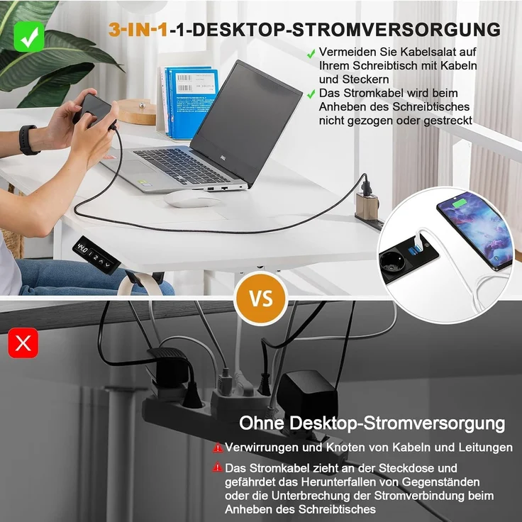 COMHOMA Höhenverstellbarer Schreibtisch 160x70 cm mit USB-Buchse und Haken, Elektrisch Verstellbarer Computertisch, Steh-Sitztisch Stehpult Stehschreibtisch Weiß – Bild 5