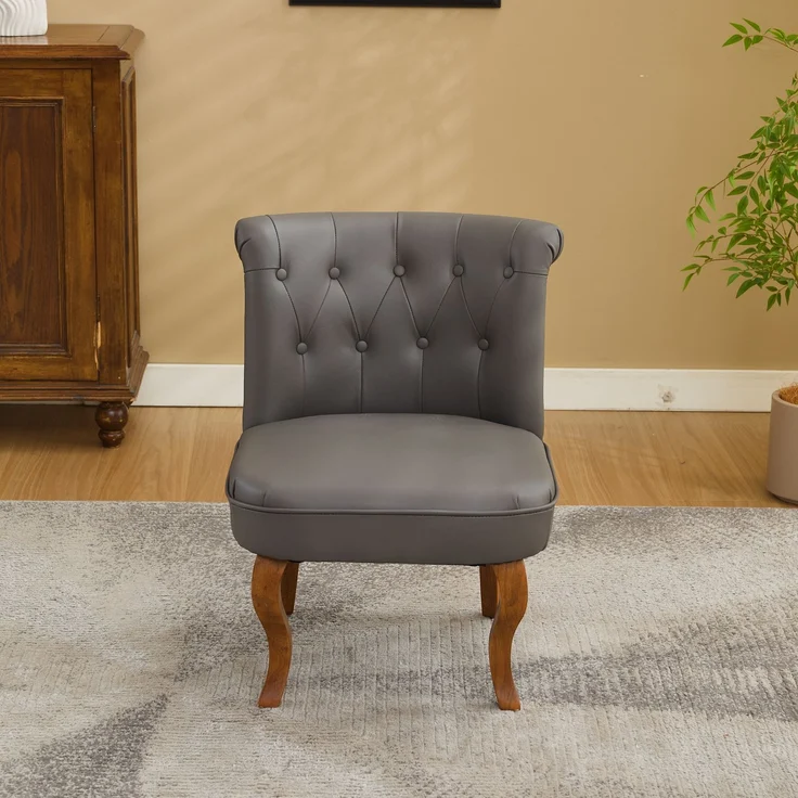 Echtleder Sessel, Loungesessel Wohnzimmer,Kautschukholz Massivholz, Einzelstuhl,Pull-Point Knöpfe, Esszimmerstuhl,bis 150 kg,Grau – Bild 1