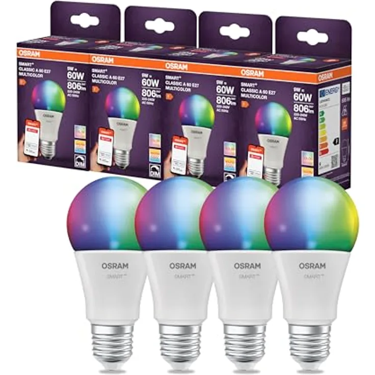Osram SMART LED Lampe A60 Kolbenform E27, 9W ZigBee 3.0, RGBW 16 Mio. Farben, dimmbar, App Steuerung, Alexa