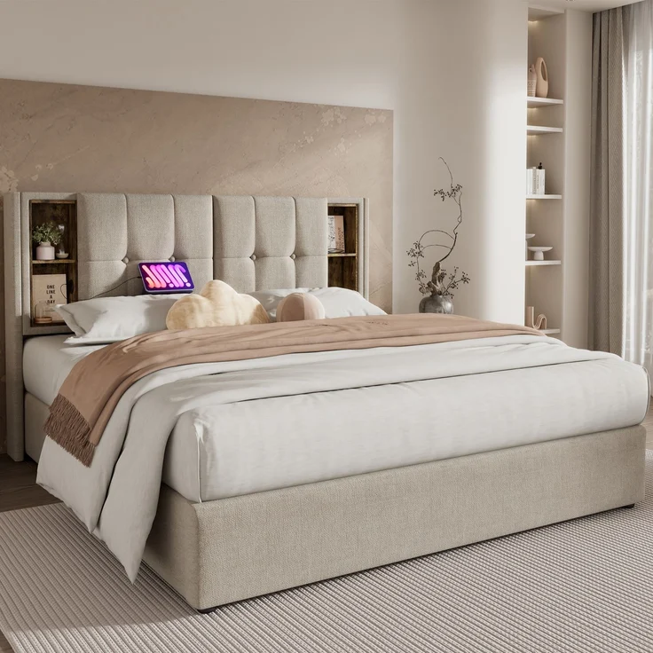 EINHOM Doppelbett 180x200cm mit Stauraum Lattenrost, Polsterbett mit Kabellosem Laden USB C, Leinen, Natürlich (Ohne Matratze) – Bild 1
