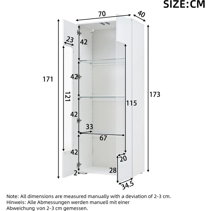 DESVIAE Vitrine mit LED-Beleuchtung, 2 Acryltüren, 70x173x40 cm, MDF Weiß – Bild 10