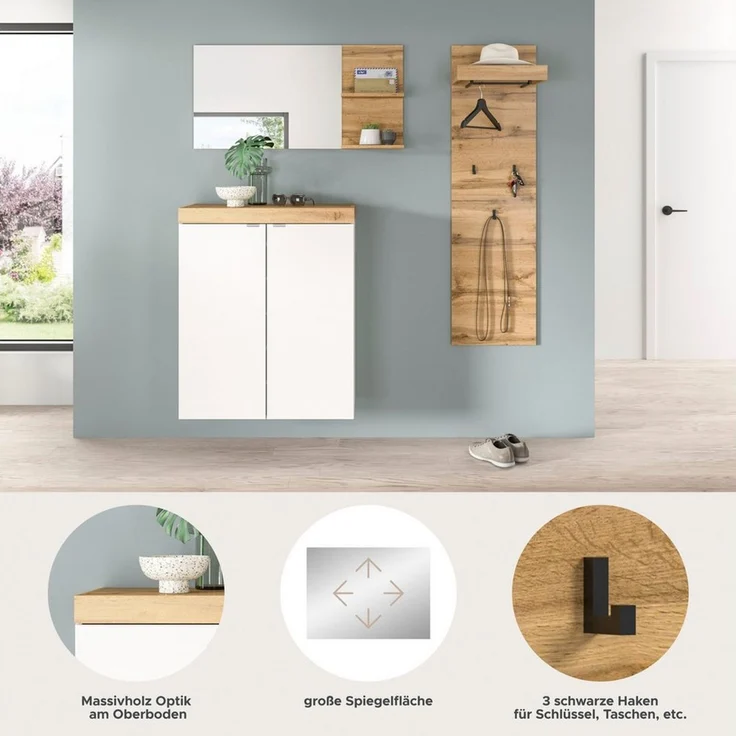 OTTO home Garderoben-Set MAMBO II, 3-teilig, hängend oder stehend montierbar, (3-St, bestehend aus: Schuhschrank, Spiegel & Garderobenpaneel), Garderoben-Kombi, Garderobe, Flur, Diele – Bild 4
