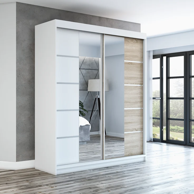Schwebetürenschrank ERA 2-türig Schrank 180 cm. (mit Spiegel) Farbe: Weiß , sonoma – Bild 2