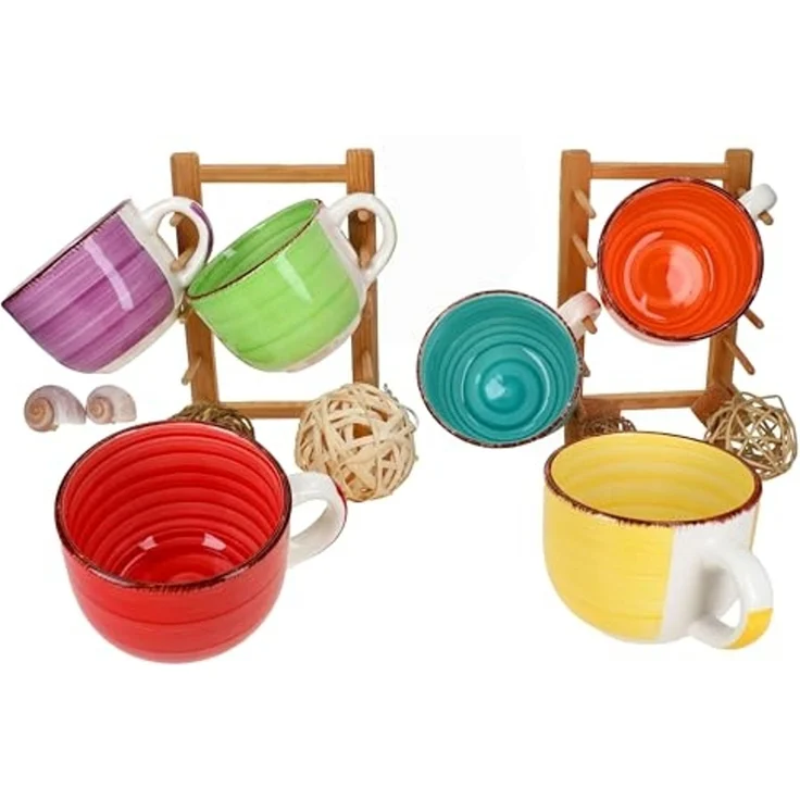 MamboCat Becher 6er Set Uni Jumbotasse 400ml 6 Personen bunte XL-Becher Kakao Kaffee, Steingut – Bild 3