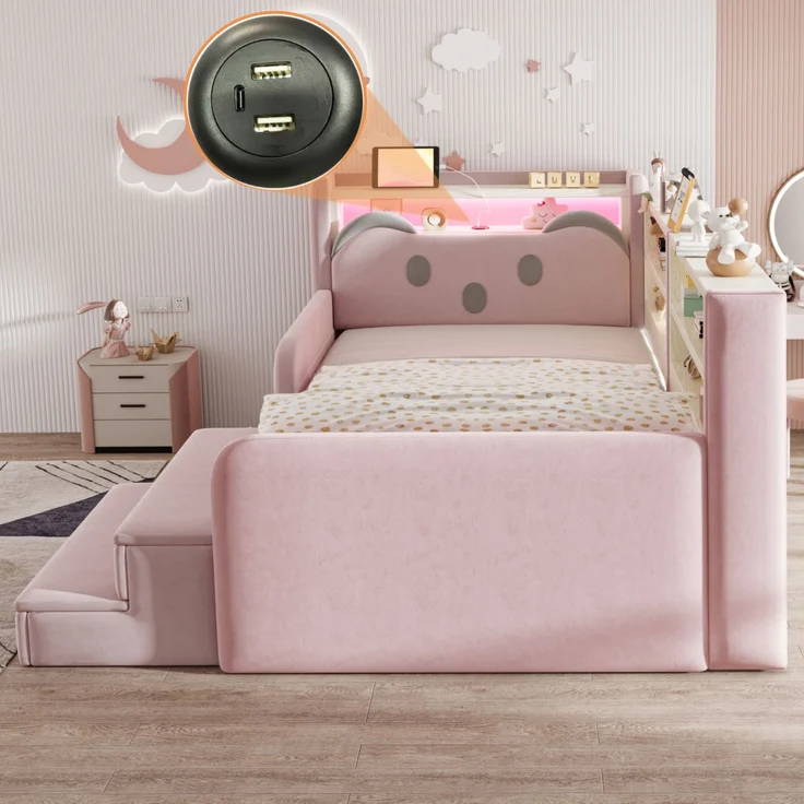 ZUBALIYA Polsterbett, mit Schubladen, mit Stauraum, mit LED-Beleuchtung, mit USB-Anschluss, inklusive Lattenrost, Liegefläche 90 × 200 cm, H 85 × T 218 × B 108.5 cm, Rosa, Samt – Bild 3