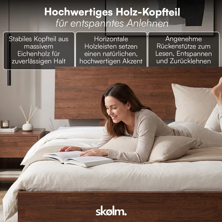 skølm 'Alver' Bett 180x200 cm, Bettgestell, natur geölt, Massivholzbett aus Eiche mit Metallkufen, Walnuss Optik, Bettkopf 1 Strebe – Bild 5