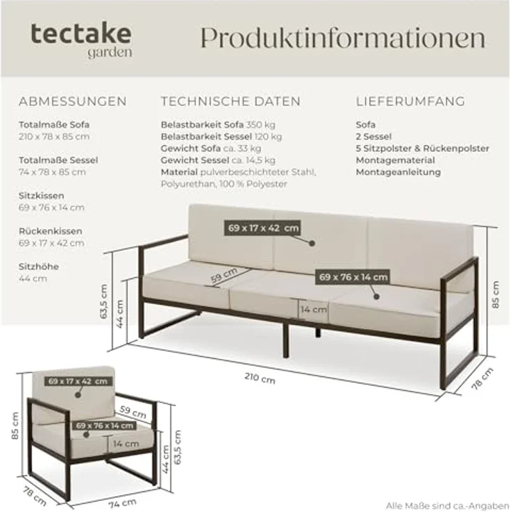 tectake® Gartenlounge Outdoor Set, Sofa 3 Sitzer 2X Gartensessel, Relaxsessel Garten mit Gartenbank, Gartenmöbel, Balkonmöbel, Terrassenmöbel, Wintergarten, Sitzecke Outdoor - 5 Sitzplätze – Bild 4