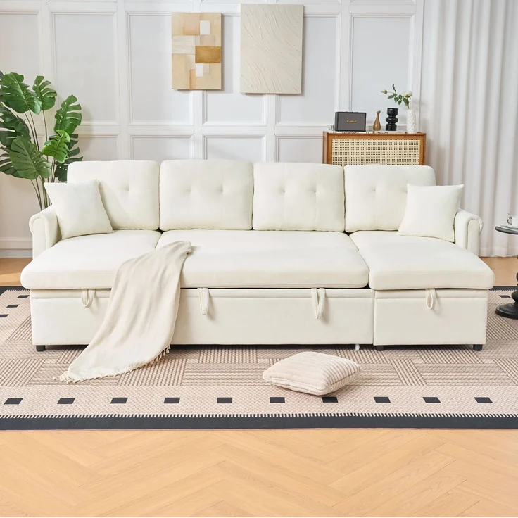 U-förmiges Ecksofa mit Schlaffunktion & Stauraum, 266x130x85 cm, Beige – Bild 3