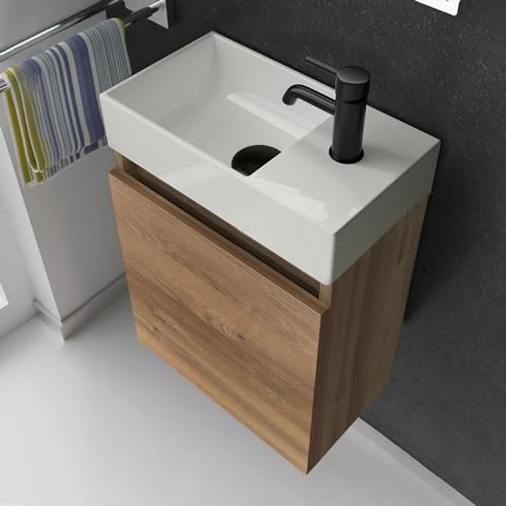 Alpenberger Badmöbel-Set Gäste WC Waschbecken mit Unterschrank - Badschrank Hängend, (Waschbeckenunterschrank mit Softclose, 2-tlg. Waschtisch Set Bamboo), Waschplätze für Kleine Bäder - Badschrank Hängend und Vormontiert – Bild 4