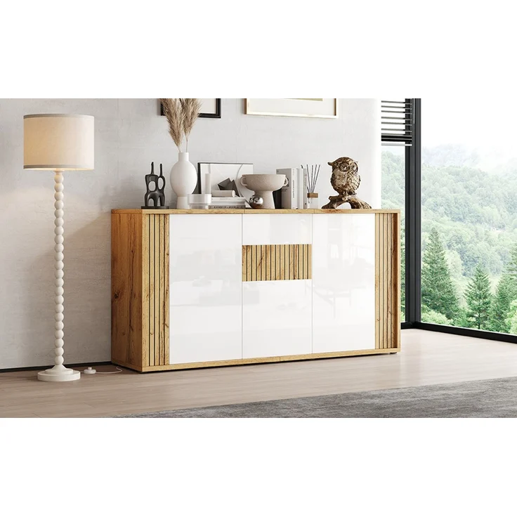 ZUBALIYA Sideboard 140x35x71 cm, mit 3 Türen, aus MDF / Spanplatte, Weiß / Natur – Bild 18