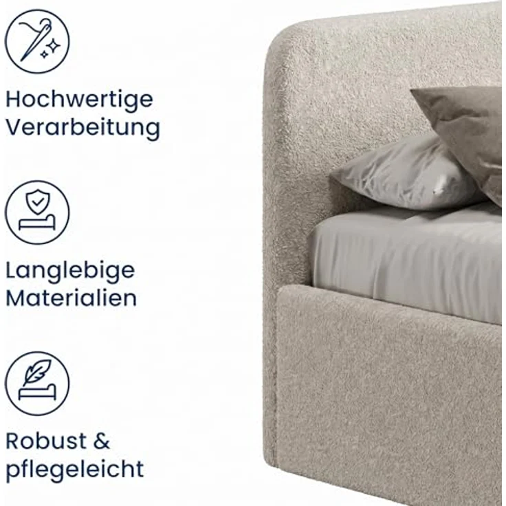 Home Collective Polsterbett mit Stauraum, verstellbarem Lattenrost, Bouclé-Stoff in Creme, viele Größen (100x200 bis 200x200), wählbare Matratze Federkern oder Kaltschaum – Bild 7