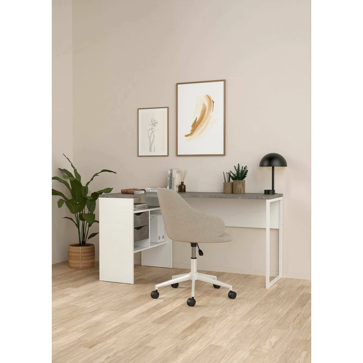 Dmora Schreibtisch Moire, Mehrzweckschreibtisch, Bürotisch für PC, Eckschreibtisch, 145x81 h77 cm, Weiß und Grau – Bild 2