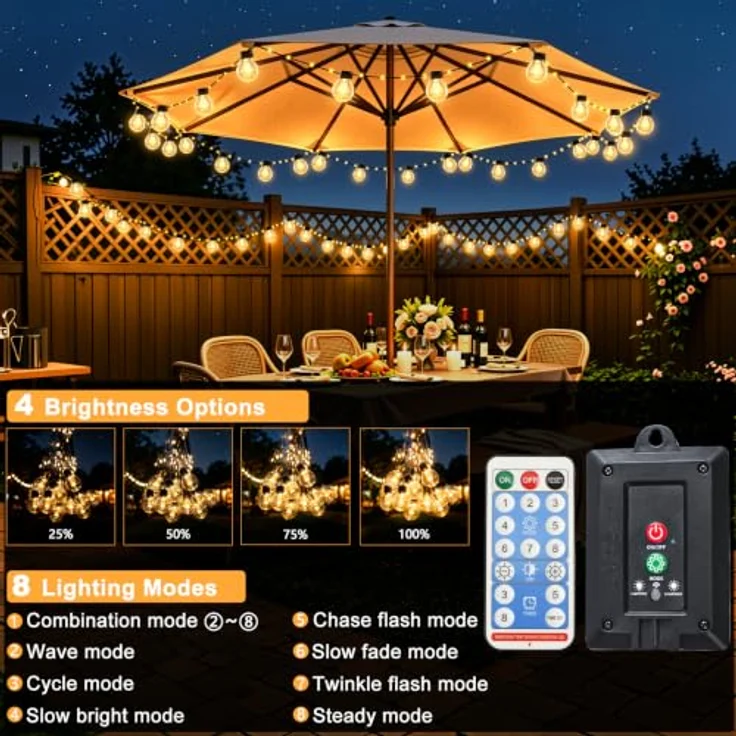 FIFlying Solar Lichterkette Outdoor, 10m mit 100 LEDs inkl. 20 Glühbirnen, dimmbare Fernbedienung, 8 Modi, IP44 wetterfest für Garten und Balkon – Bild 5