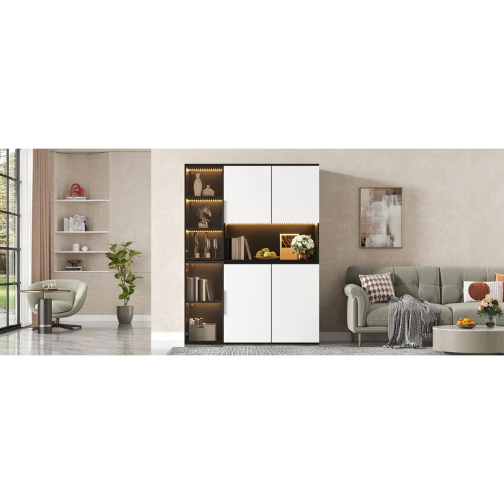 Hochschrank, Vitrine, Highboard, Anrichte, Schwarz-Weiß Optik, Glaselemente, integrierte LED-Leuchten, MDF-Korpus, geräumiger Stauraum, Esszimmerschrank, Wohnzimmerschrank--Schwarz, Weiß--120x40x160cm--YOUDENOVA – Bild 7