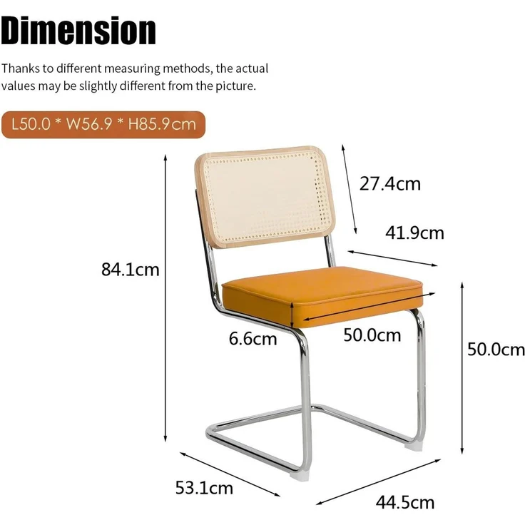 LVHOM Freischwinger 2er Set Esszimmerstuhl, Retro Küchenstuhl mit Chromgestell & Rattan-Rückenlehne, gepolsterter Samtsitz, stapelbar, moderne Wohnzimmerstuhl, Orange – Bild 6