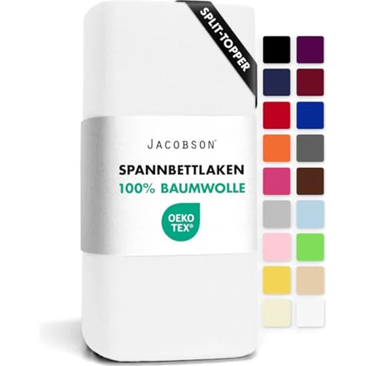 Jacobson Jersey Spannbettlaken Baumwolle Bettlaken (Split-Topper 180x200-200x200 cm, Weiss) – Bild 1