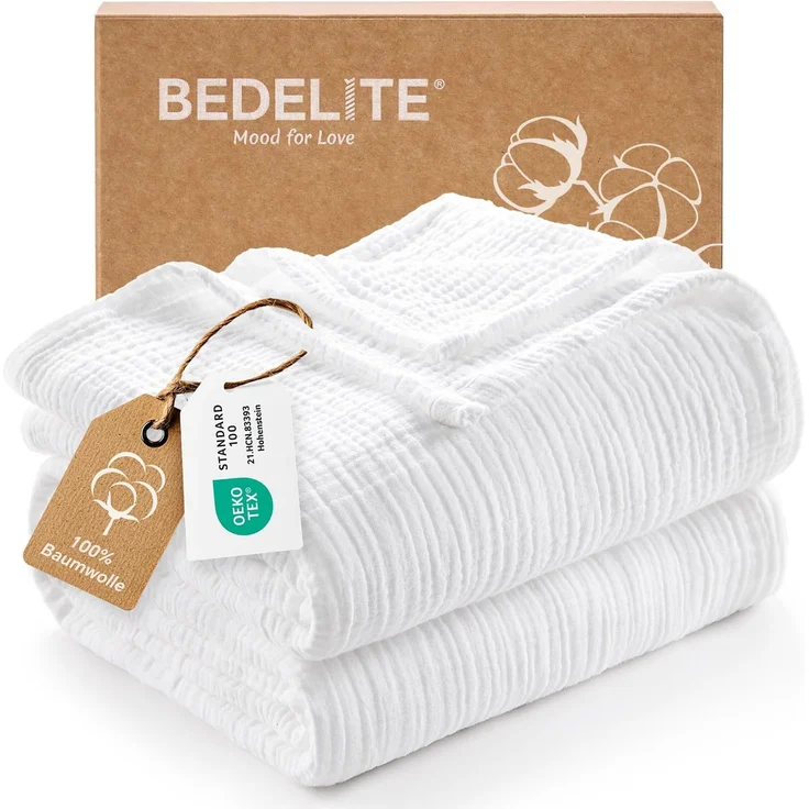 BEDELITE Musselin Decke 230x230 cm Erwachsene Tagesdecke Baumwolle, Weiß