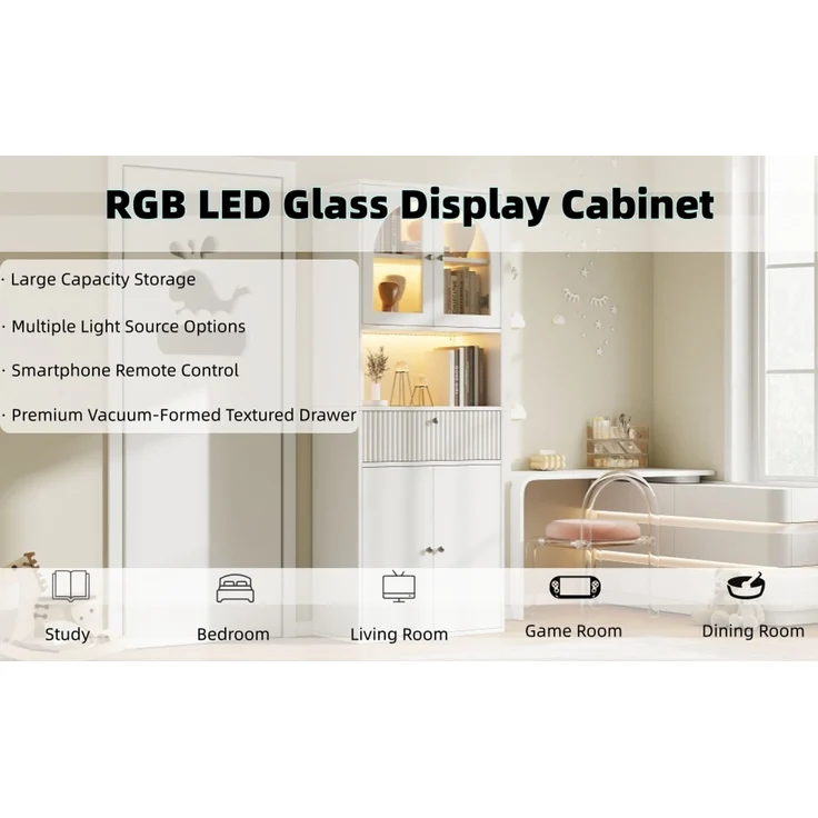 ZUBALIYA LED Glasvitrine, Bücherschrank, Büroschrank mit RGB LED Lichtleisten, Figurenvitrine, Stauraumschrank, Büromöbel, mit Schubladen, Sammlervitrine, Hochschrank, LED Beleuchtung, Weiß, 70 x 35 x 180 cm – Bild 17