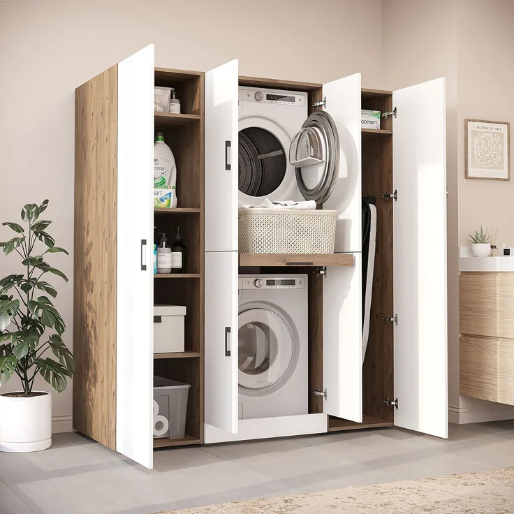 Roomart Waschmaschinenschrank - DORA-I- 160 cm breit - Wasch- & Trocknerschrank mit 2 Hochschränken, Türen & Ausziehbrett, Waschmaschinen-Überbau für Waschküche & Hauswirtschaftsraum • Weiß-Eiche – Bild 3