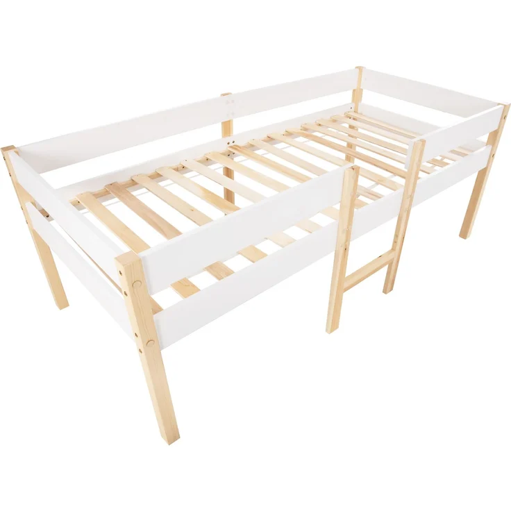 Bett Kinderbett mit Rausfallschutz, Kiefer-Vollholz-90x200 cm-Weiß & Eiche – Bild 9