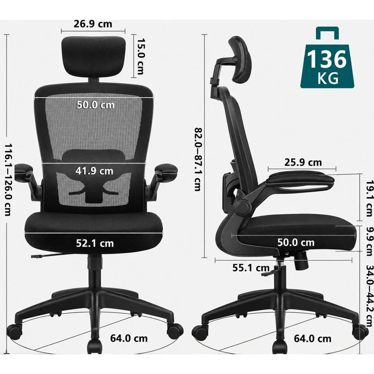 Vivitar Bürostuhl mit hoher Rückenlehne, verstellbarer Kopfstütze, Lendenwirbelstütze (10–15-Grad-Neigungsfunktion, flexibler Rückenlehne, stabiler Schreibtischstuhl), klappbaren Armlehnen, bequemer Bürostuhl mit atmungsaktivem Netzgewebe – Bild 2