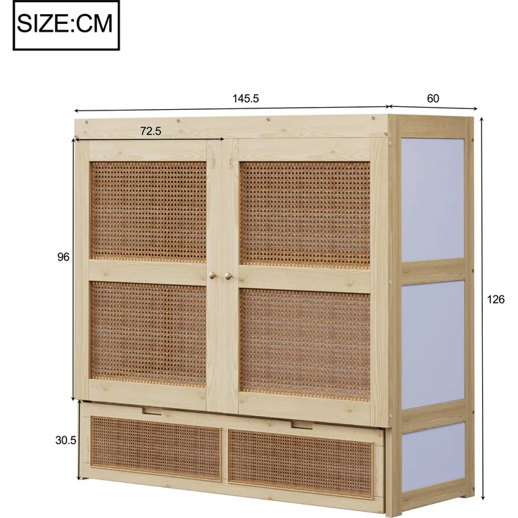 Bett 140x200 cm Schrankklappbett aus Holz in Natur, mit Lattenrost, Schubladen und Rattan-Design, ohne Matratze – Bild 10