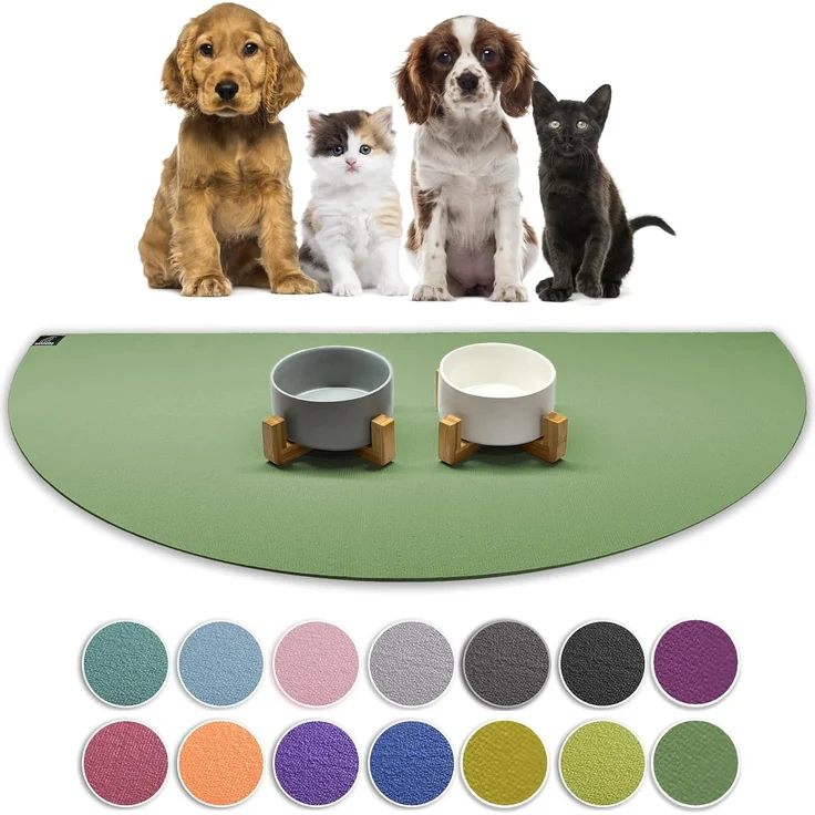 SanoZoo® - Napfunterlage, Öko-TEX - Made in Germany - rutschfeste Futtermatte für Hunde & Katzen, Halbrund 60x120 cm Olivgrün – Bild 1