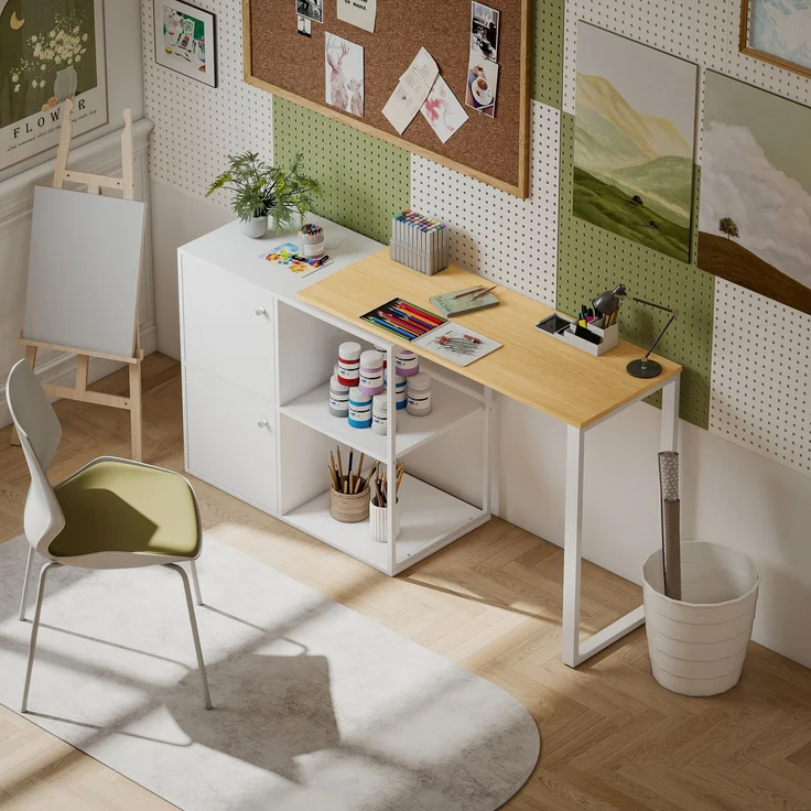MELAYR, Schreibtisch L-förmig, 360° drehbarer Eckschreibtisch mit 2 Lagerschränken, 150 x 40 x 75 cm, Weiß – Bild 4