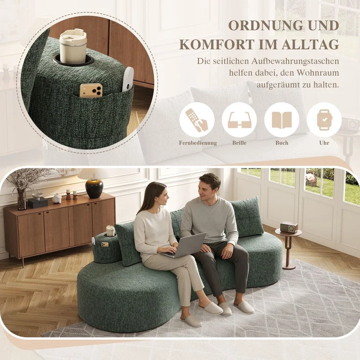 Großes Stoffsofa 240 cm mit Getränkehaltern, Seitentaschen und 4 Kissen, gepolsterte Couch mit Schaumstoff und Federleisten für Wohnzimmer, Grün – Bild 5