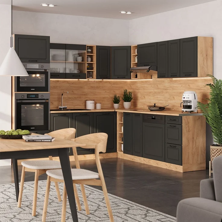 Eckküche R-Line Anthrazit Landhaus/Goldkraft Eiche 247 x 60 cm , AP Marmor Vicco – Bild 4