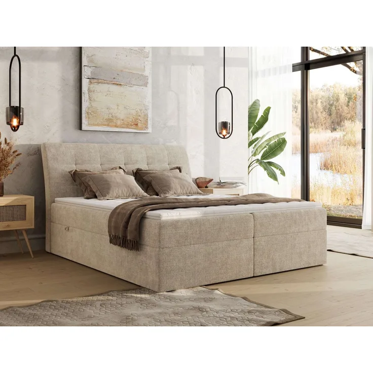 Boxspringbett DAGOS 200x200 cm mit Kopfteil, Lattenrost und Stauraum – Doppelbett mit Matratze & Topper Visco , stabile Konstruktion, Bettkasten, modernes Design - Beige Schenille grob gewebt - H4
