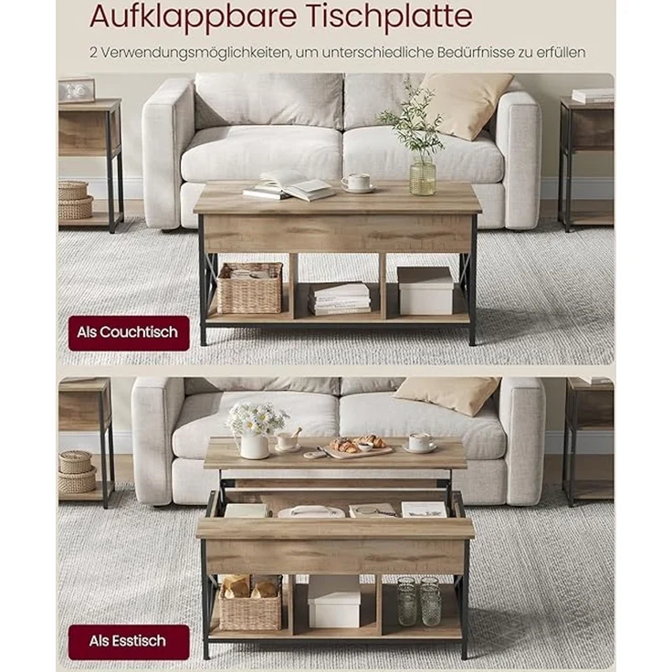 Vasagle höhenverstellbarer Wohnzimmertisch, X-Streben, Spanplatte/Stahl Kamelbraun, 60x100 x (48-62) cm – Bild 4