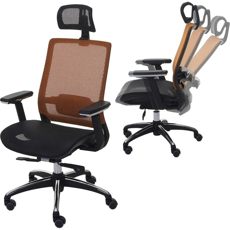 MCW Bürostuhl, Ergonomischer Drehstuhl mit höhenverstellbarer Kopfstütze, Netzbespannung, Schwarz/Orange, 63x124x68 cm