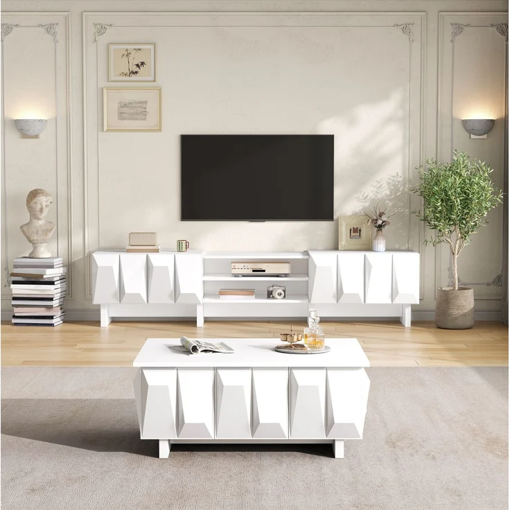 Wohnzimmer-Set aus Spanplatte, TV-Lowboard & Couchtisch mit Rautenrelief, 180x34x44,5 / 95x67x39,5 cm, Weiß – Bild 3